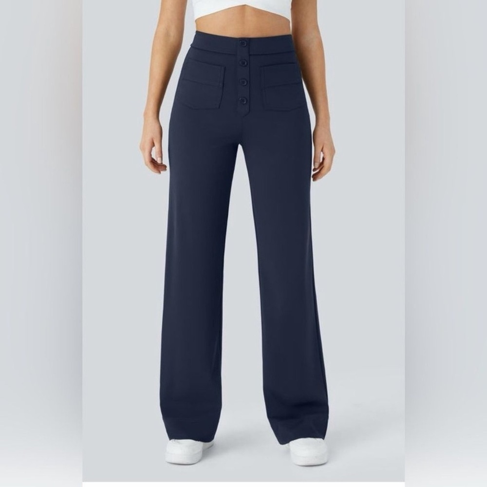 LP large petite Halara high waist button straight leg pants stretchy navy blue